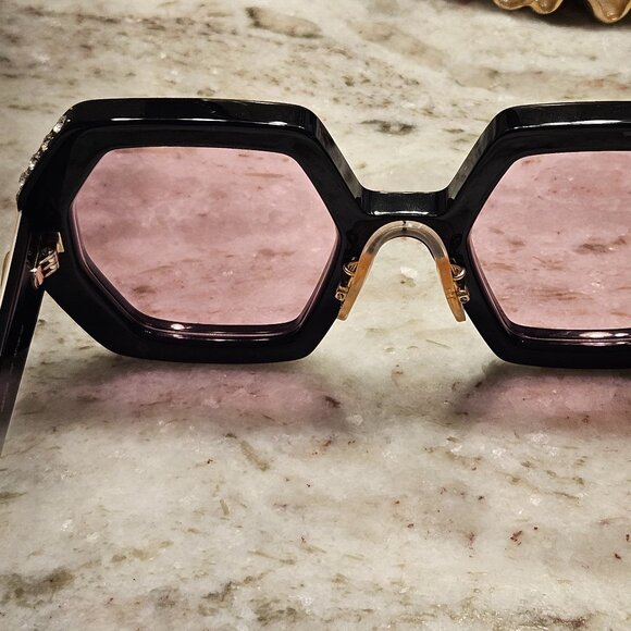 RARE HOLLYWOOD FOREVER GUCCI BLACK CRYSTAL ITALY GEOMETRIC OVERSIZED SUNGLASSES - Picture 7 of 8